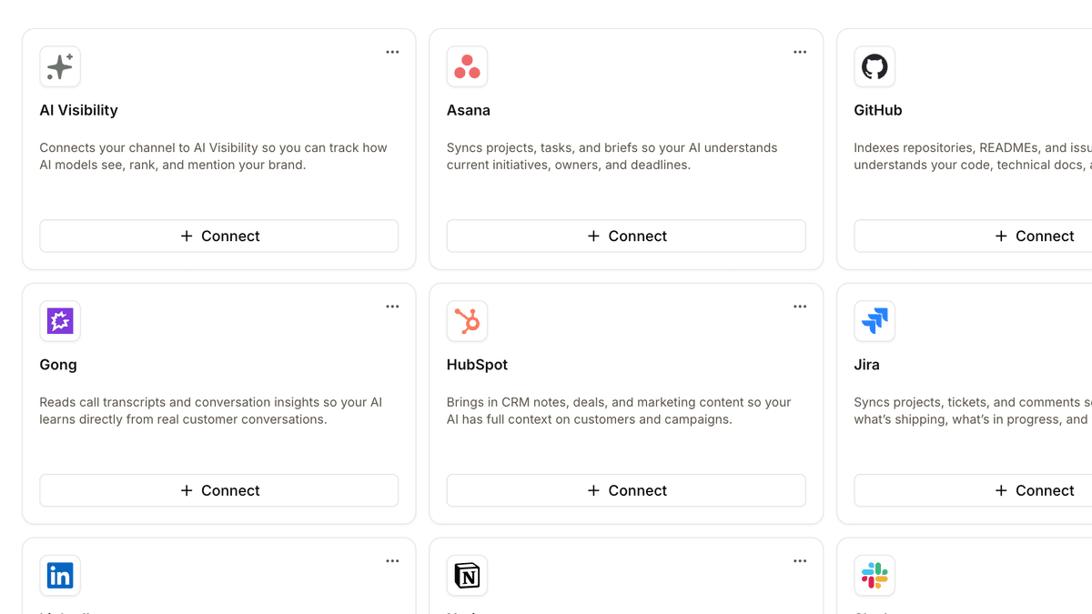The Sources screen in Brand Brain, with a card per connector