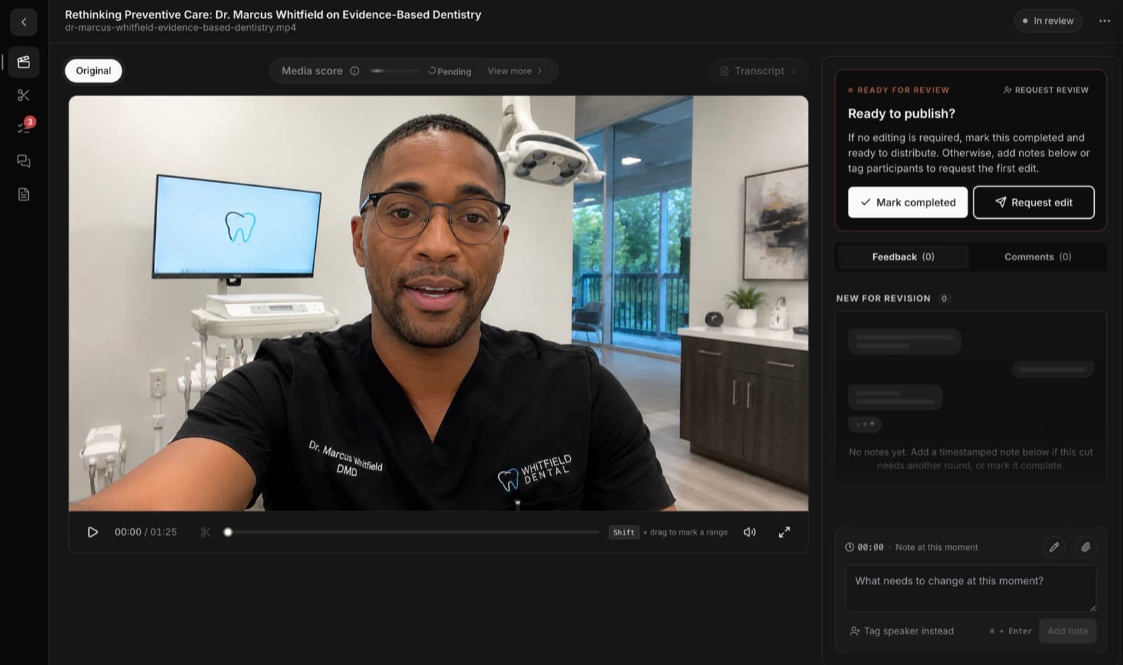 A contributor’s video open in MarketScale Studio, ready for newsroom review