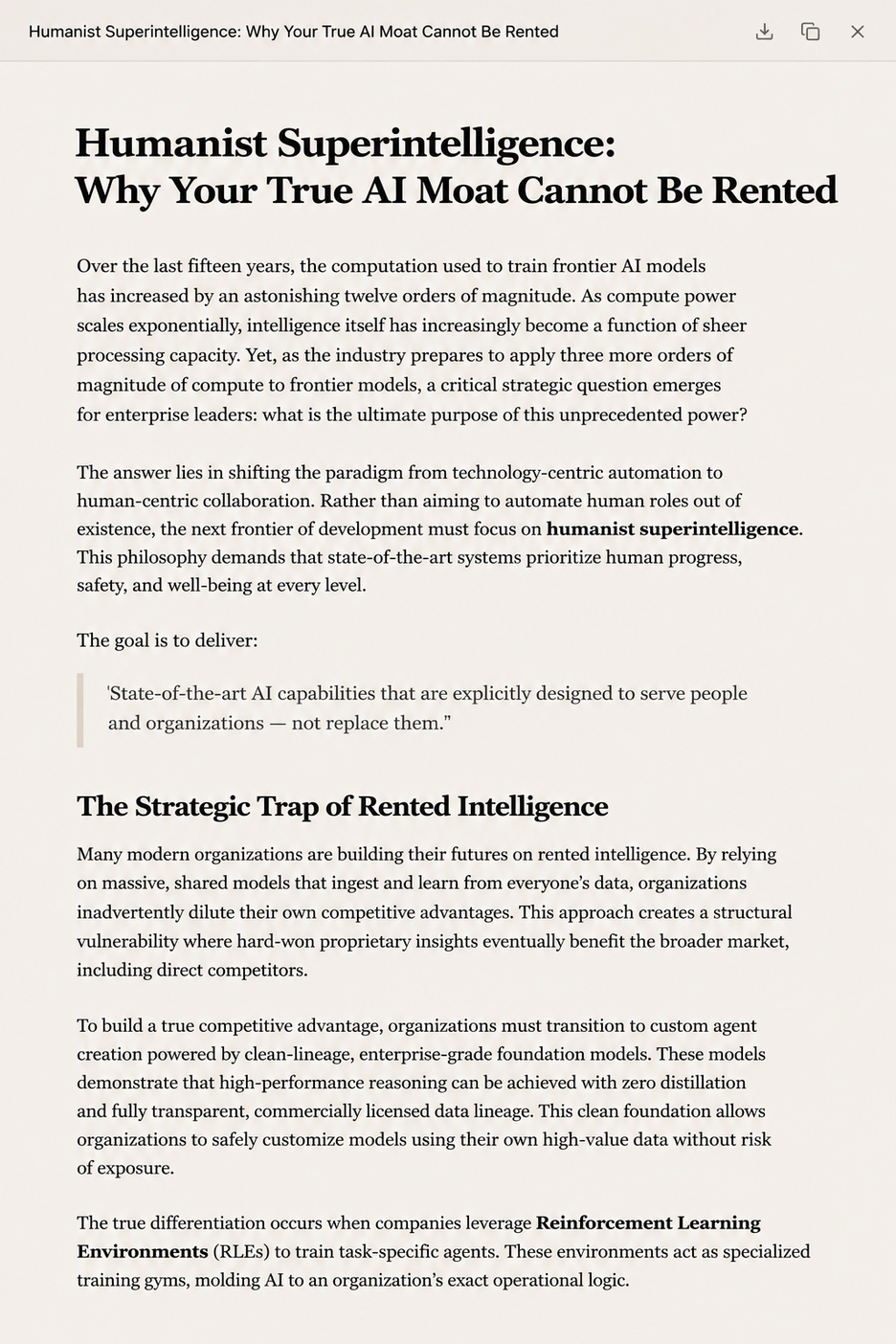 A finished thought leadership article drafted in Chat, open in MarketScale
