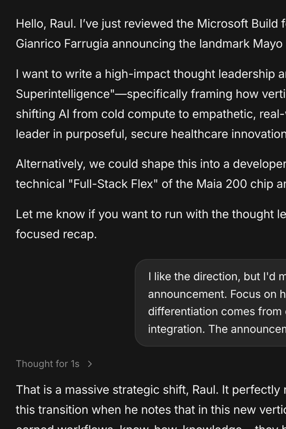 A Chat thread in MarketScale: a proposed angle, a plain-language correction typed back, and the reply that follows it