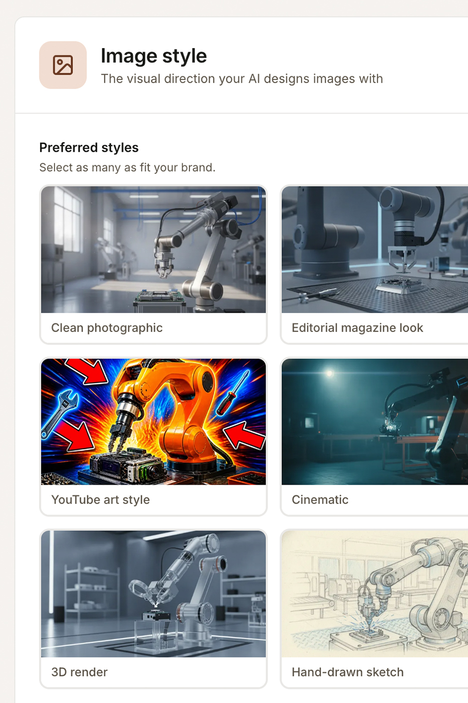 The Image style settings in Brand Brain, with preferred styles to choose from: clean photographic, editorial magazine look, YouTube art style, cinematic, 3D render, and hand-drawn sketch