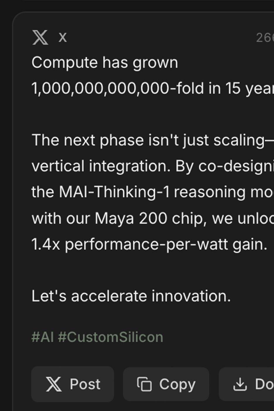An X post drafted in Chat, hashtags and character count in place, with Post, Copy, and Download buttons on the card