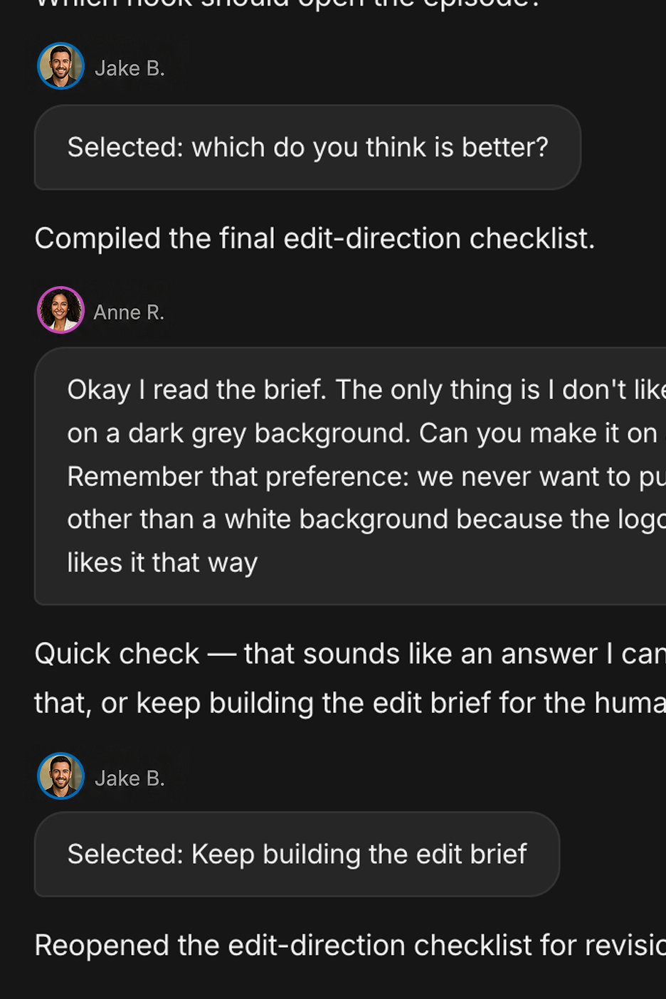 Two teammates working in the same Chat thread, choosing between options and leaving a standing preference for the brand