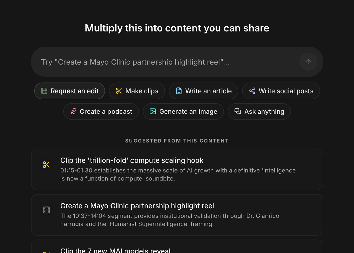 Chat open on a piece of content in MarketScale, with the prompt line, the seven task chips, and suggestions drawn from the video