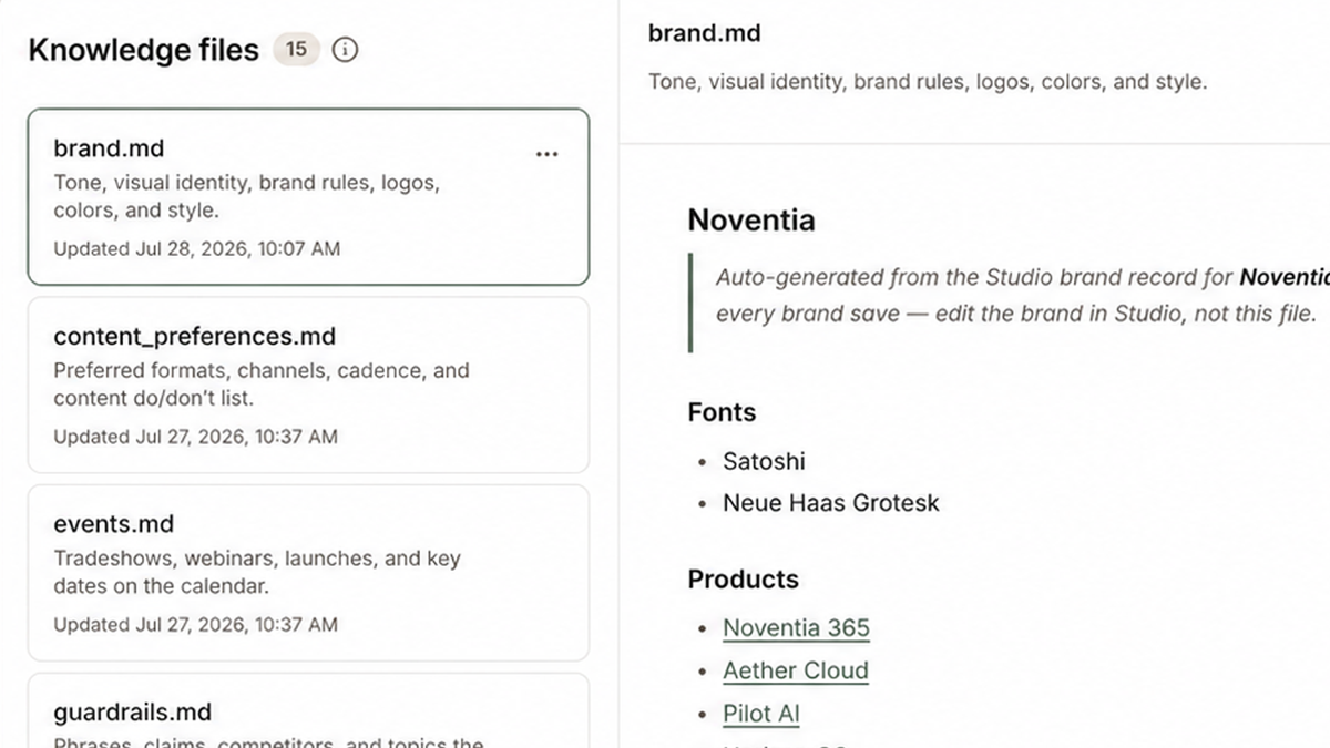 The Knowledge files list in Brand Brain with a brand.md file open beside it